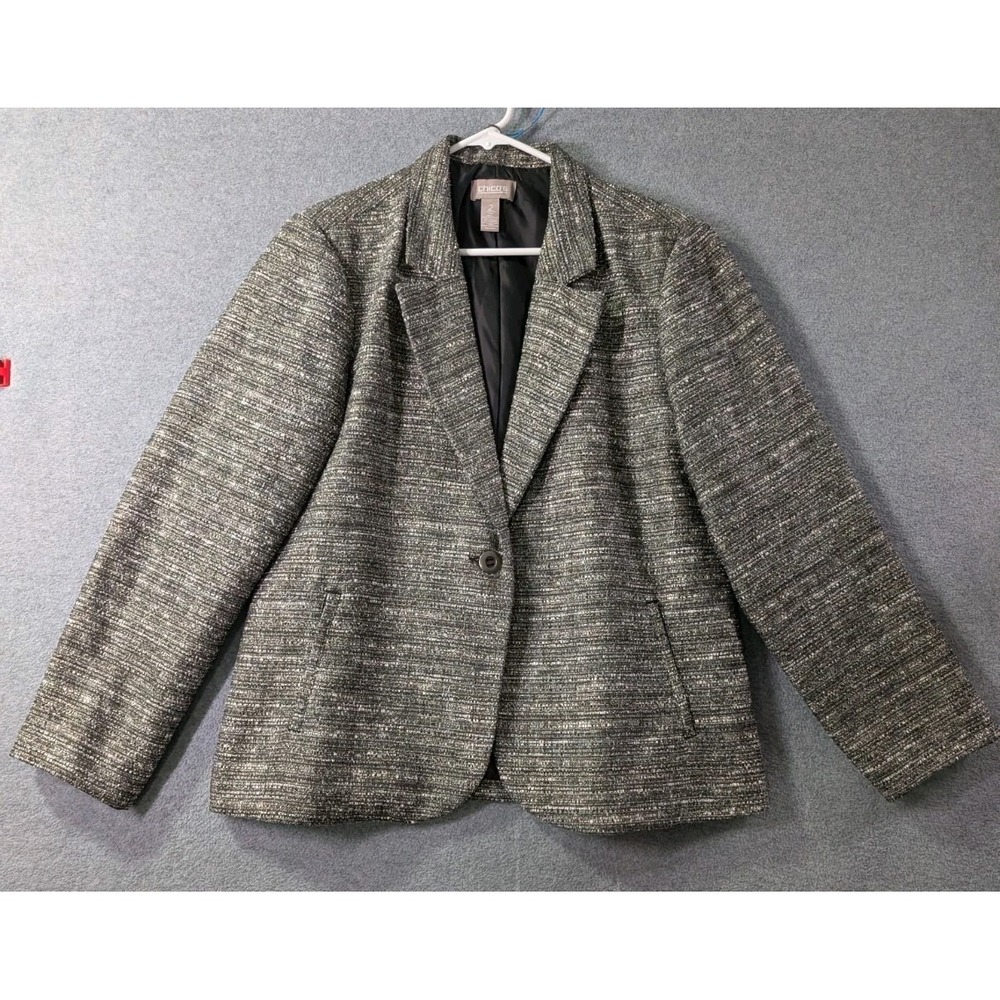 Chico's Textured Tweed Blazer Jacket Women's Size 2 Black Gray Metallic Career